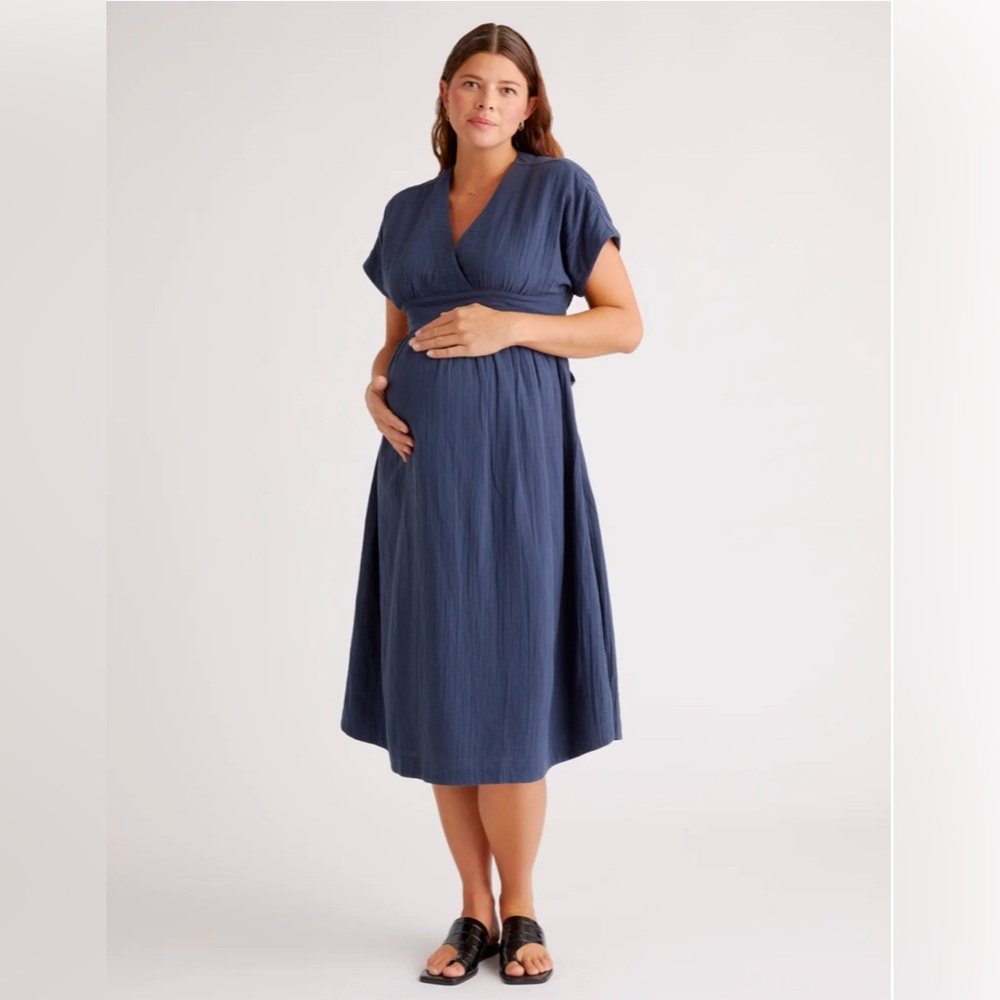Quince organic cotton gauze maternity midi dress, navy M